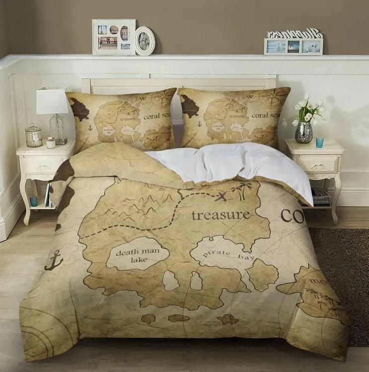 Комплект постельного белья с морской картой King Queen Brown в винтажном стиле Морская карта мира Компас Пододеяльник Карта океана Полиэстеровый чехол для одеяла