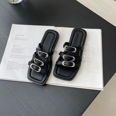 Модные плоские тапочки Женская обувь Односложная пряжка Нескользящая пляжная обувь для женщин Сандалии Открытый носок Мягкая подошва Женские универсальные тапочки