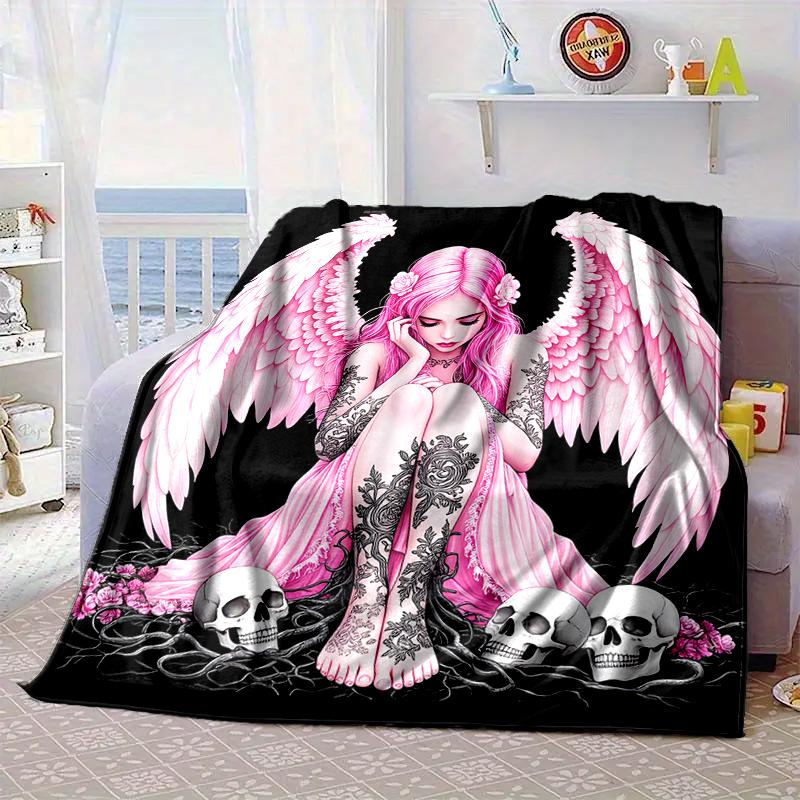 Ethereal pink Angelic skull Blanket Flannel Blanket for bed, sofa, Camping, Hiking, Picnic Essentials, gift for family Fan gifts
