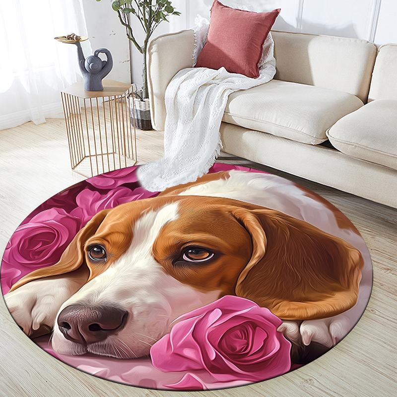 Beagle and flowers pattern round rug,Carpet Rug for Living Room Bedroom  Playroom ,Non-slip Floor Mat,Holiday Gifts and Birthday Gifts.