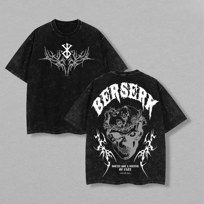 Футболка с принтом аниме Berserk Гатс Мужская Женская Стиранный Хлопок Футболки Манга Винтажная Футболка Харадзюку Мужская Свободная Футболка с Коротким Рукавом