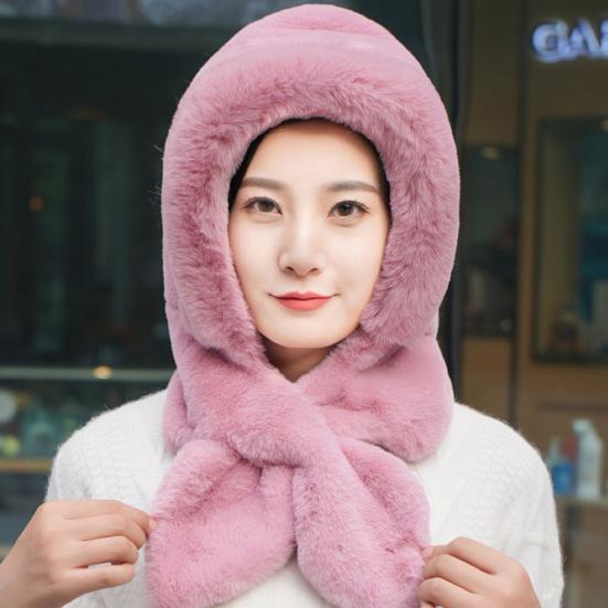 Женская зимняя шапка со встроенным шарфом, толстая теплая, из искусственного меха кролика, однотонная, полная защита, для езды на велосипеде, путешествий, холодной погоды