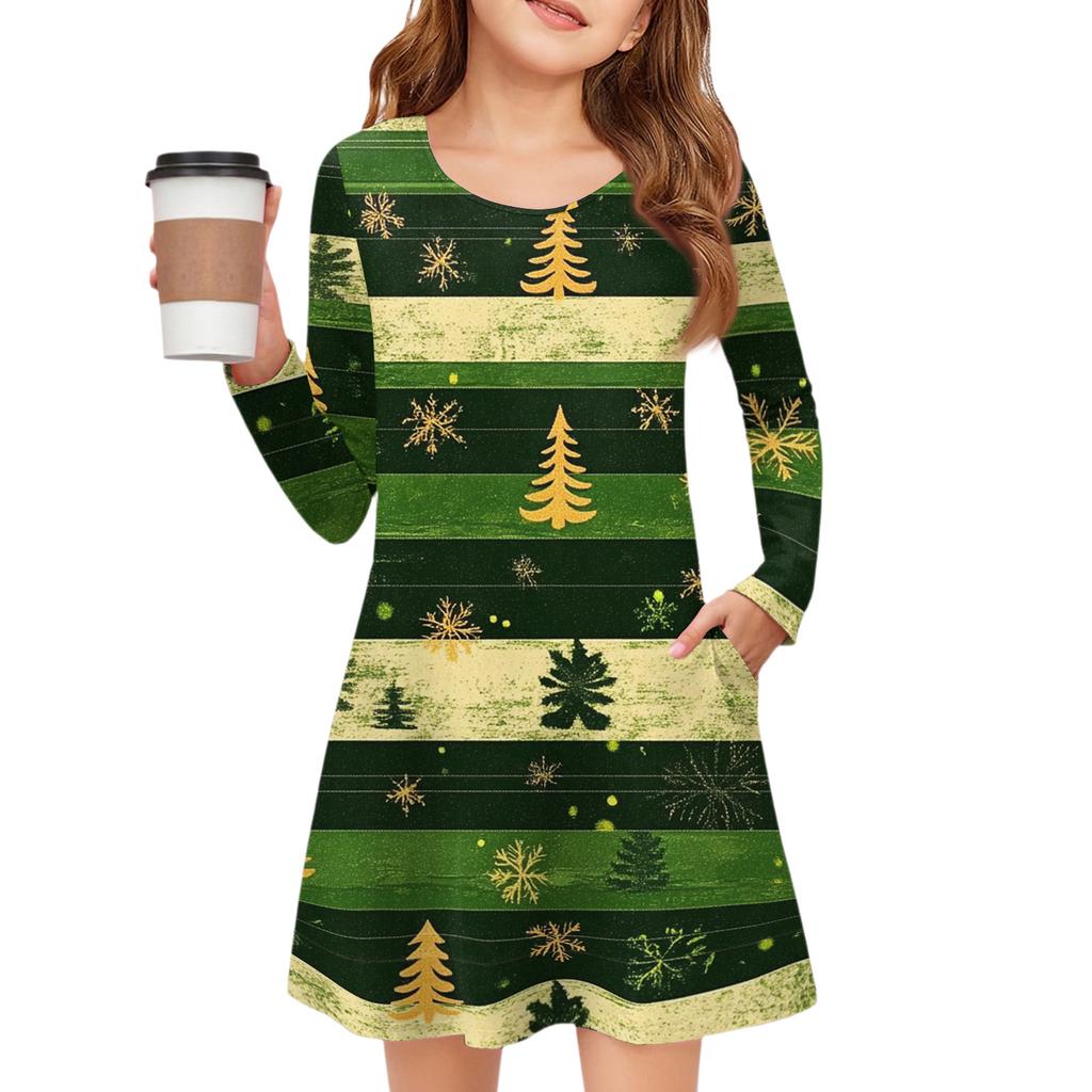 Christmas Day Girls' Long Sleeve Dress - Color Pocket Dress