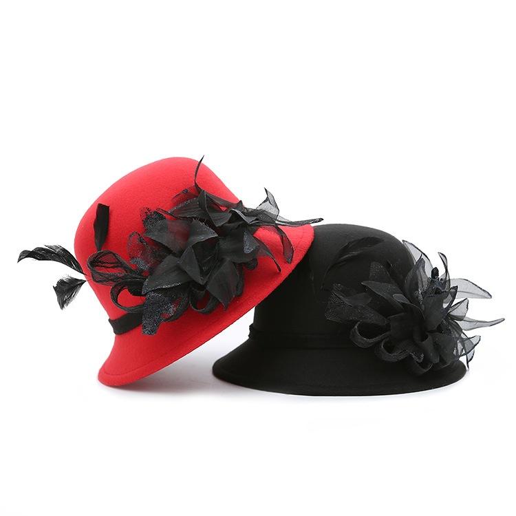 Autumn and Winter Aristocratic Gauze Feather Flower Hat Lady Mature Temperament Imitation Wool Dome