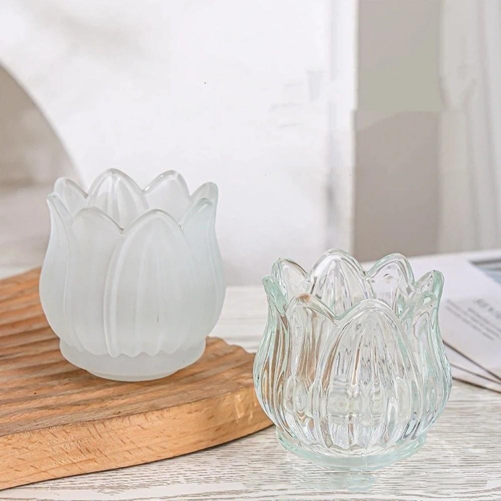 2PCS Elegant Vintage Tulip Shaped Candle Holder Romantic Clear Candle Cup Ornament Mini Candlestick Holder Wedding