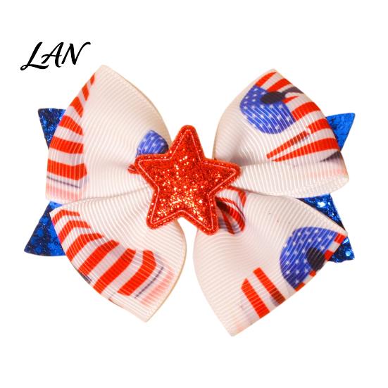 Fashion Hair Bows Independence Day Bow Clip for Girls, Red Blue White Glitter Hairpin, Double Layer Girls Ornaments with Sequins Star, Accessory