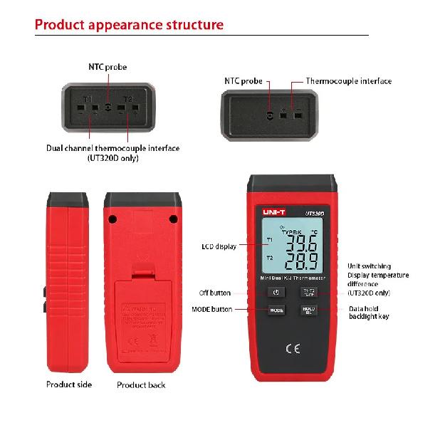 UNI-T UT320A UT320D Digital Thermometer Mini Dual Contact Thermocouple Type K J High Temperature Meter Tester -50℃ to 1200℃