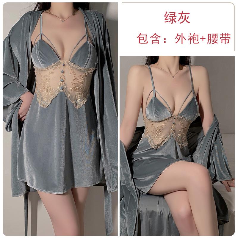 Women's Velvet Warm Push Up Padded Backless Cami Sleep Dress for Fall Winter