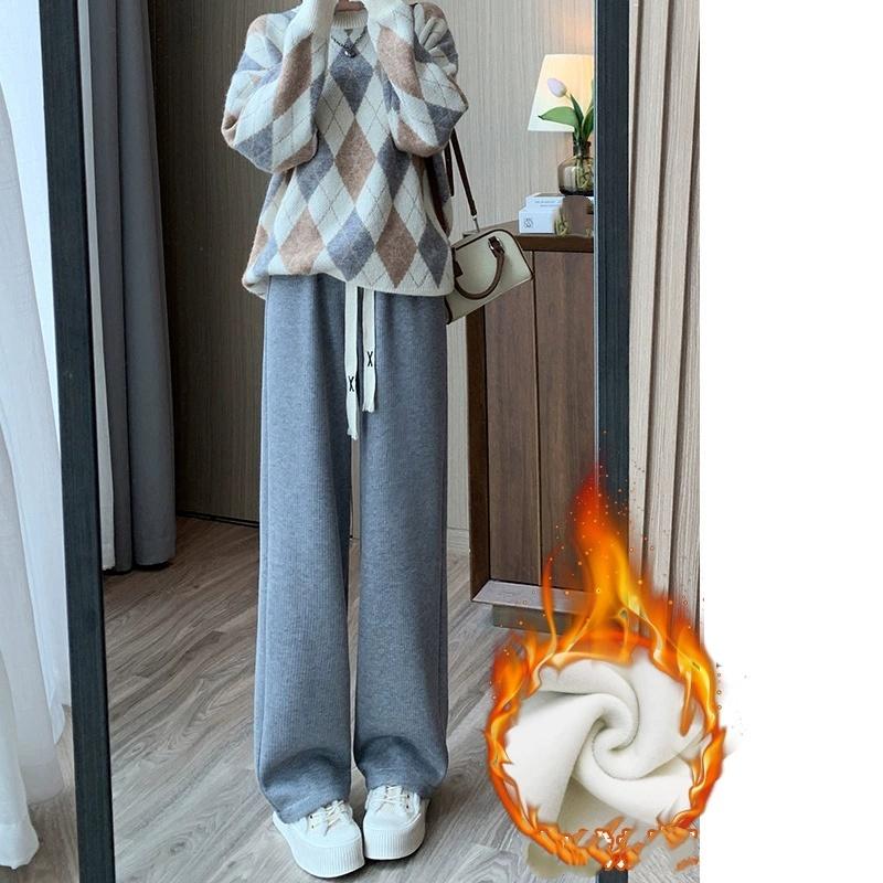 Winter Lady High Waisted Fleece Pants Girls Warm Thermal Straight Leg Trousers Female Classic Solid Drawstring Pants