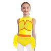 Girls Jazz Latin Dance Costume Shiny Rhinestones Color Block Leotard with Feather Skirt Sleeveless Cutout Back