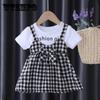 Платье для маленьких девочек, летняя клетчатая юбка на подтяжках, детская жилетка, юбка с круглым вырезом и короткими рукавами, искусственная юбка-трапеция из двух частей