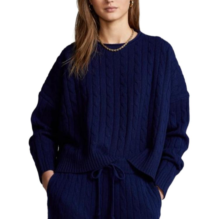 Polo Ralph Lauren SS22 Solid Color Cable Knit Crew Neck Long Sleeve Sweater Women Sweater Blue 211856724-001