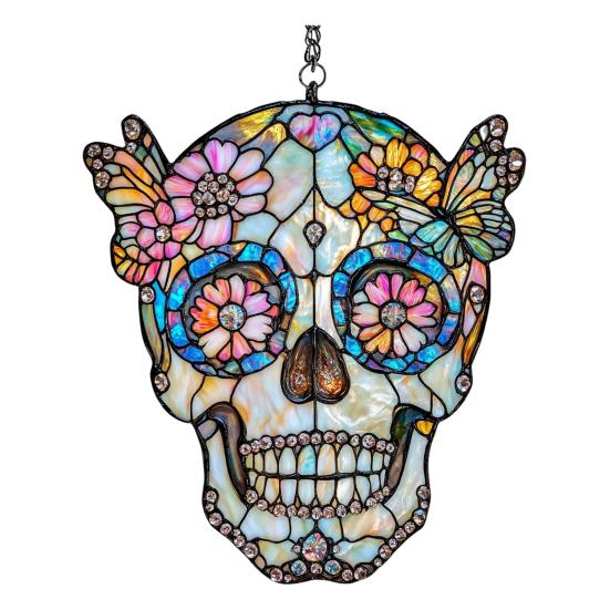 Colorful Skull Suncatcher Sun Catcher Skull Light Trap Window Hanging Decoration with Rhinestones Flowers Butterflies Unique Gothic Boho Decor Gift