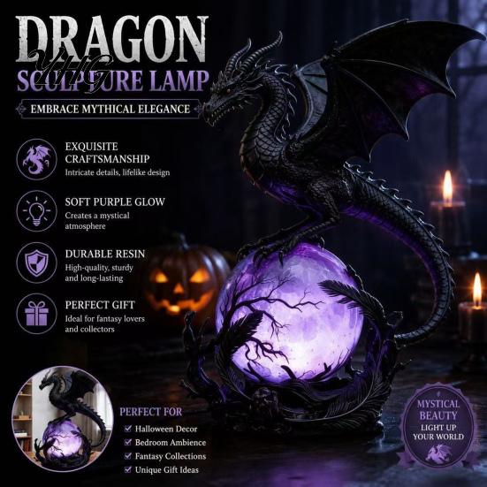 Gothic Dragon Statue Night Light, Resin with Purple Glowing Crystal Halloween Decorative Figurine Sphere, Fantasy Table Lamp for Home Desktop
