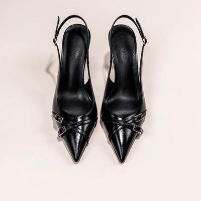 Модные модные туфли с острым носком и неглубоким вырезом на высоком каблуке, летние элегантные черные женские туфли на шпильках с пряжкой