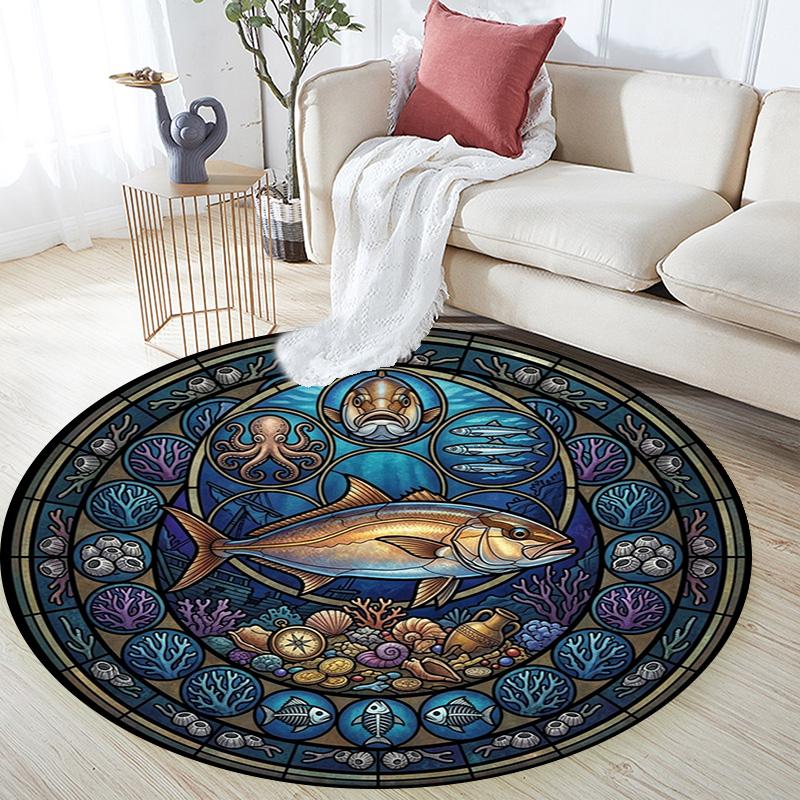 Ocean Life Glass Round Area Rug Under Office Chairs Bedroom Living Room Home Decor