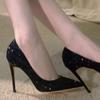 2024 New Red Sole Super Pointed High Heels Women's Flash Diamond Thin Heel French Sequined Night Show Professional Catwalk Shoes