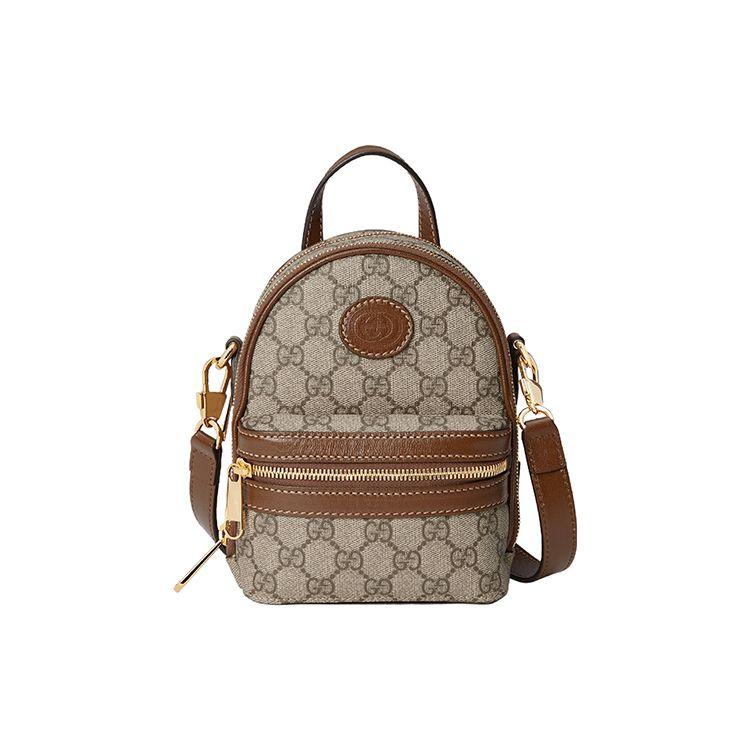 Gucci Мини-рюкзак GG Supreme, Бежевый холст Эбони с отделкой из коричневой кожи, Золотая фурнитура, Мужские рюкзаки для ежедневных покупок, путешествий 725654-92TCG-8563