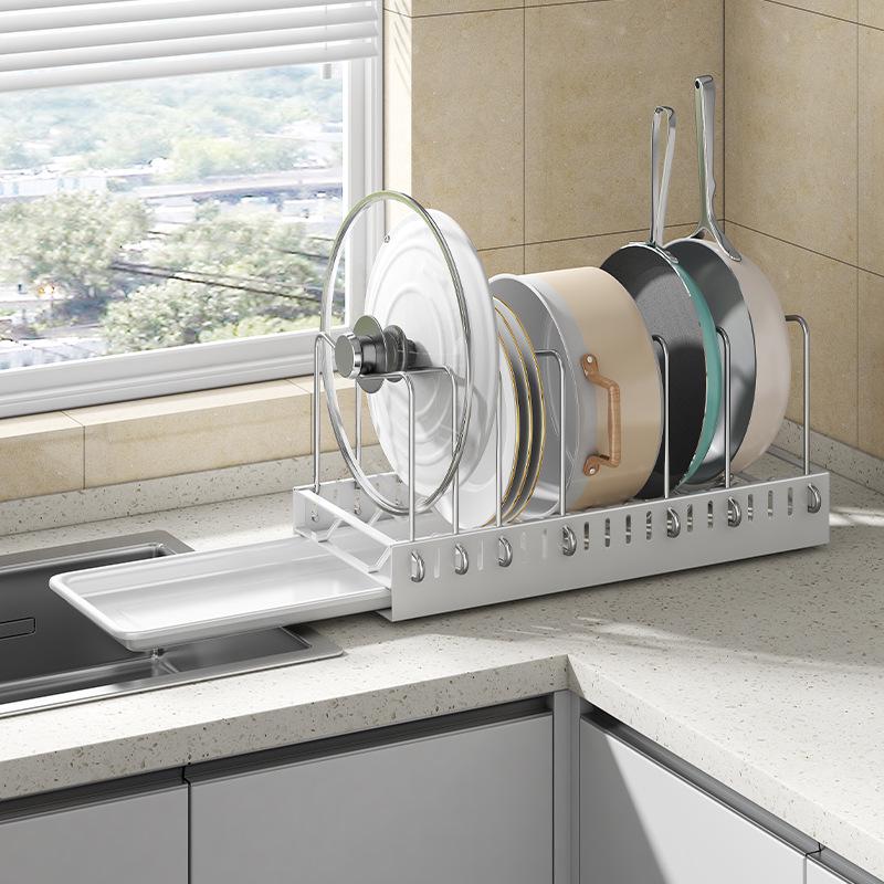 Under-Sink Pull-Out Pot and Lid Storage Rack with Chopping Board Divider