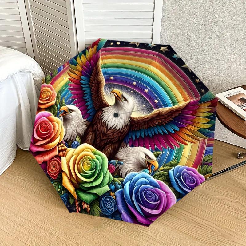 1pc Eagle Rainbow Roses Fantasy Artwork Umbrella with Plastic Handle,Suitable for All Seasons Home Travel Outdoor UmbrellaDD1005