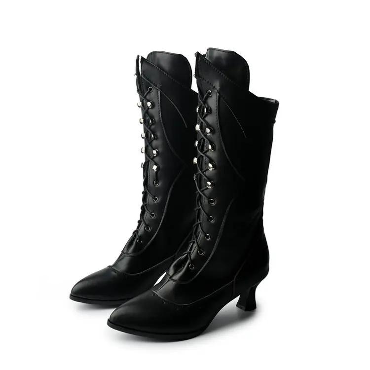 Абсолютно новые, большого размера 45, короткие каблуки, заостренный носок, шнурки, винтажные зимние туфли до середины икры, женские сапоги