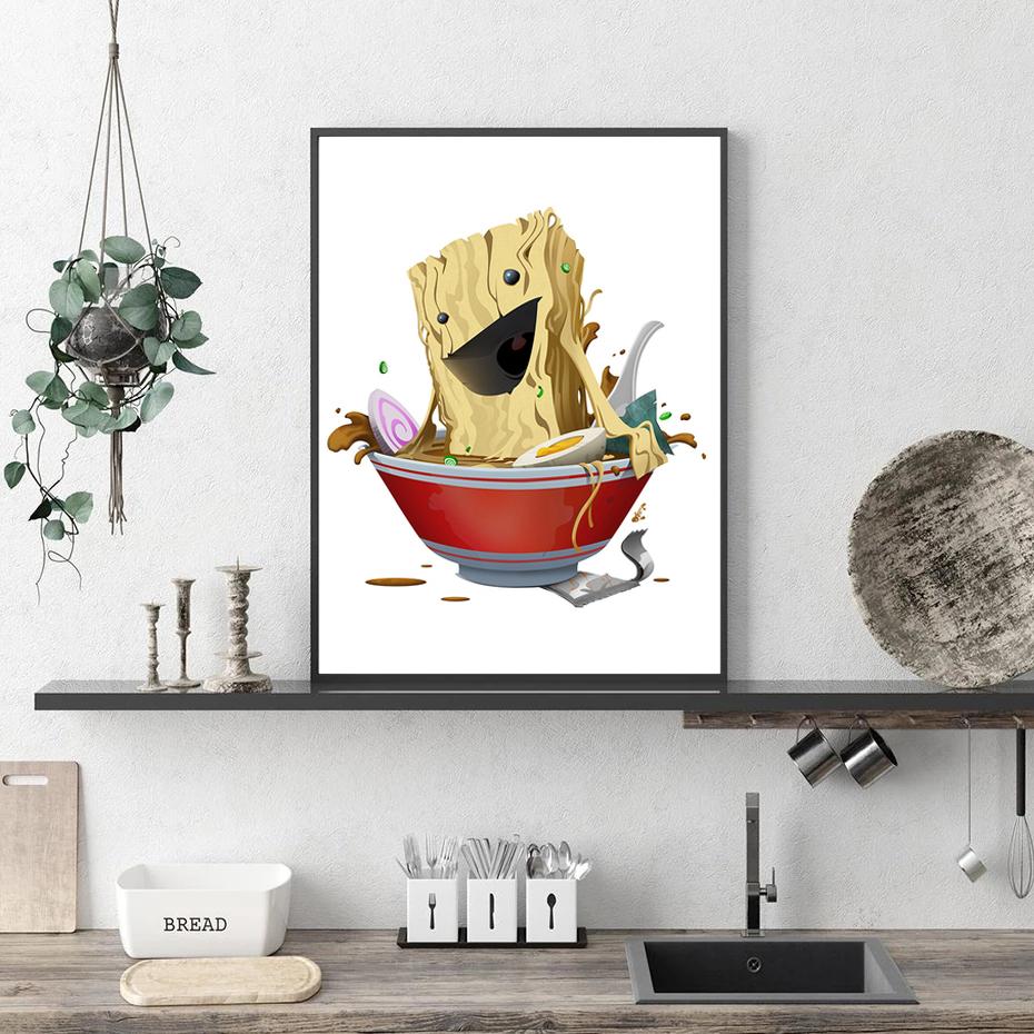 Японский стиль Еда Забавный Рамэн Лапша Суши Плакат Настенная Картина на Холсте Картина для Гостиной Домашний Декор Кухни Куадрос Без Рамки