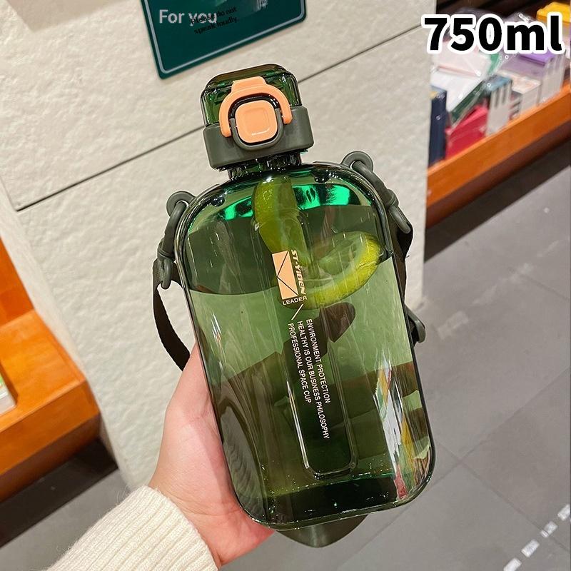 Square Flat Transparent Portable Water Bottle with adjustable strap lightweight for hiking school travel office