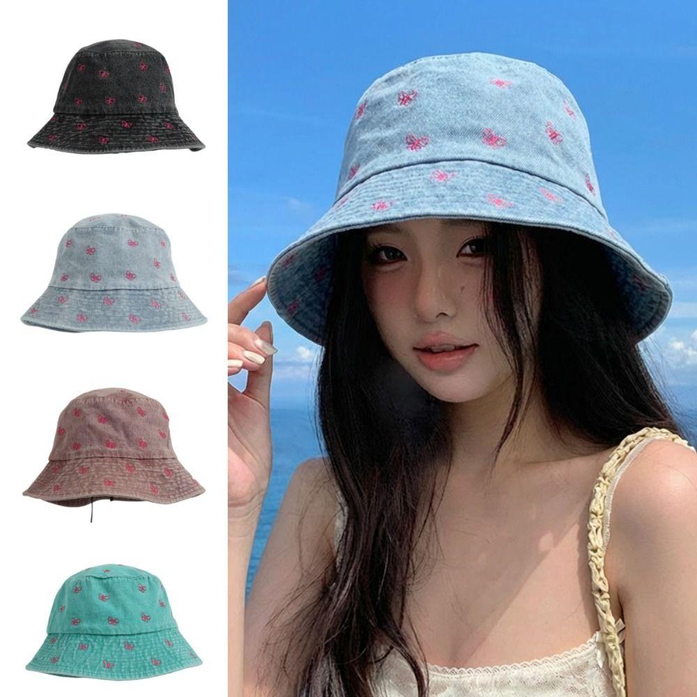 Windproof Butterfly Embroidered Cowboy Hat Retro Big Brim Sun Hat Fisherman's Hat Autumn