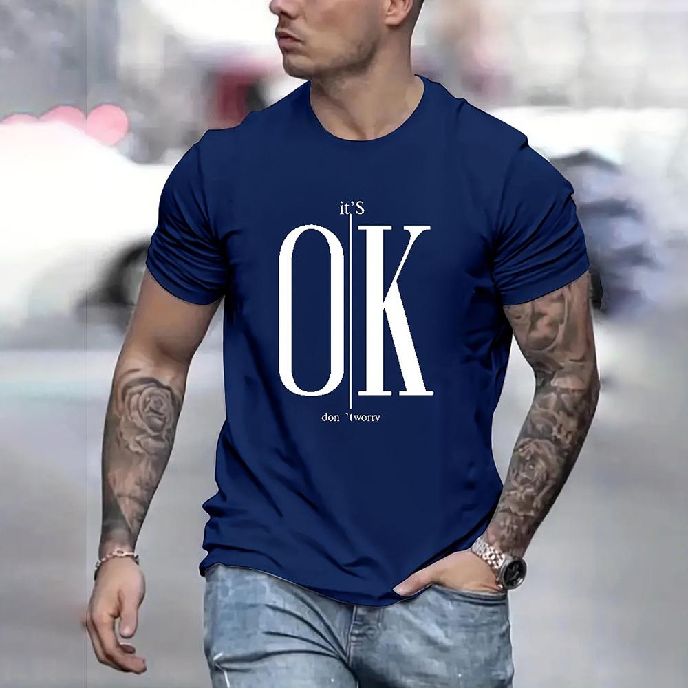 2024 Men's Street Ok Letter Print T-shirt Summer Men's Casual Short Sleeve Tops Oversized Hipster T Shirts Clothing New Menswear