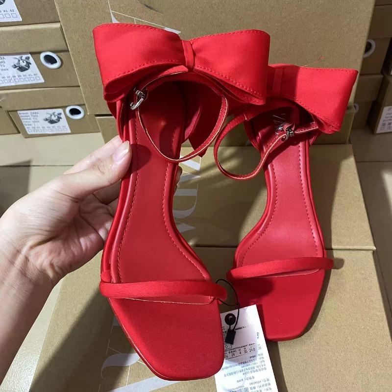 Женские туфли с красным атласным бантом, прямой ремешок, квадратный носок, тонкий каблук, высокий каблук