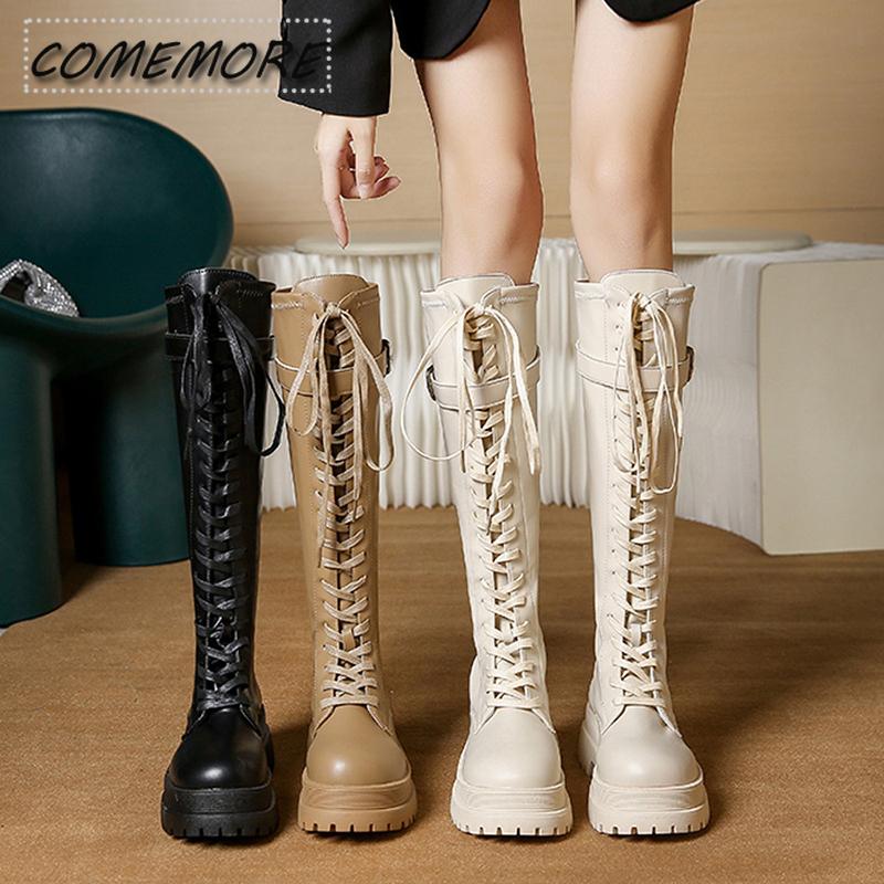 Lace Up Zipper Boots Platform Knee Length Boots Wear-resistant Non-slip Women Boot Winter Female British Wind Thick Bottom