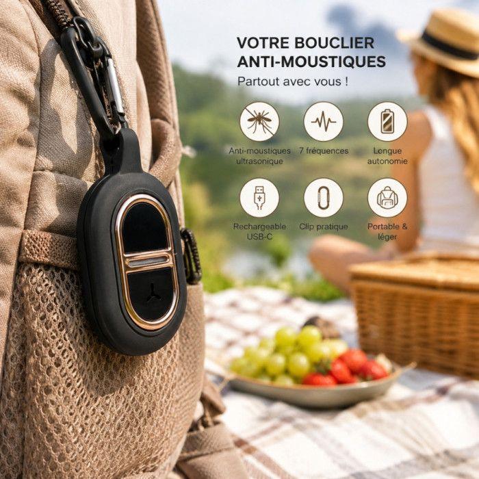 Répulsif Anti-Moustiques Portable Rechargeable USB-C – Appareil Nomade à Clipser sur Sac, Poussette ou Tente, 7 Fréquences