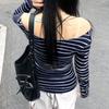 Весна Лето Полосатый Топ на одно плечо с длинными рукавами Универсальные утягивающие футболки Женские