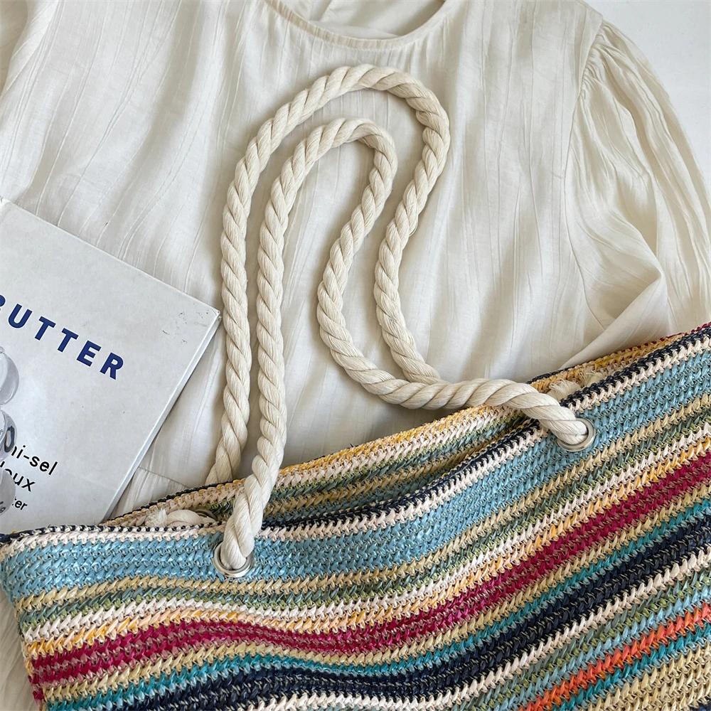 Straw Fabric Woven Design Women Tote Bags Rainbow Color Large Capacity Summer Beach Shoulder Shopper Bag Casual Commute Handbags KTB