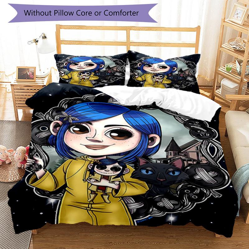 3pcs Coraline Design Cover Set - HD Printed Bedding with 1 Cover and 2 Pillowcases - Perfect for Home and Dorm Decor
