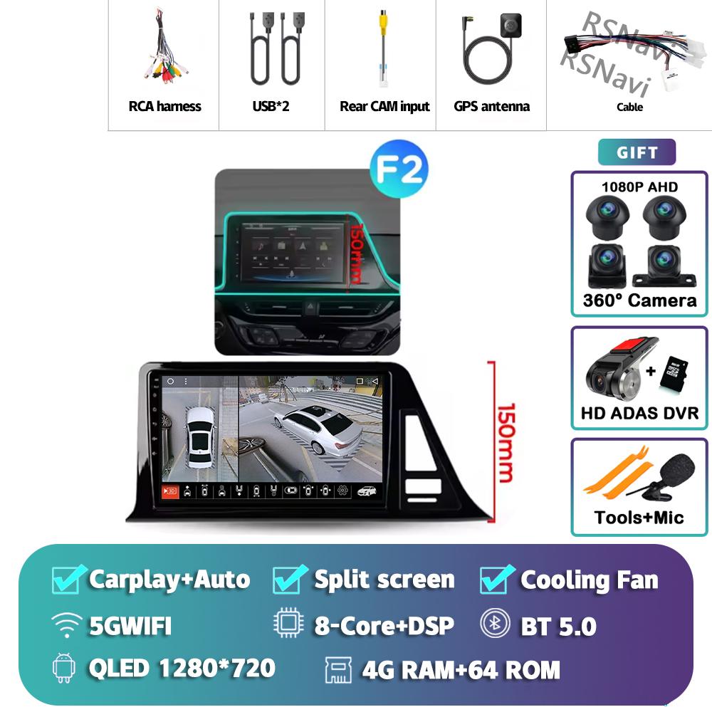 Android 14 Carplay Auto Для Toyota C-HR 2016 - 2020 Автомагнитола Мультимедийный DVD-стерео 360 Камера Навигация Видео AI Голосовое управление