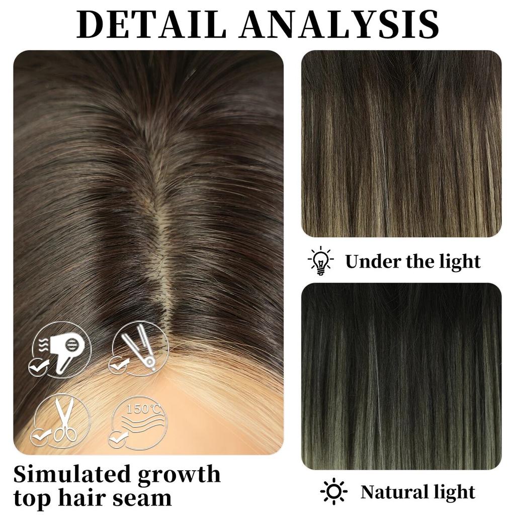 Long Black Straight Wigs for Women Synthetic Highlights Blonde Layered Wig with Curtain Bangs High Density Hair Wig