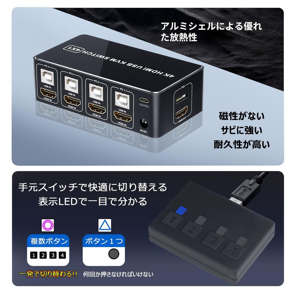 Переключатель KVM ELEVIEW 4K HDMI USB-переключатель 4 порта 4 Share Простое подключение Драйвер не требуется Ручной переключатель USB-кабель в комплекте (для ПК) 4K@60Гц HDMI2.0