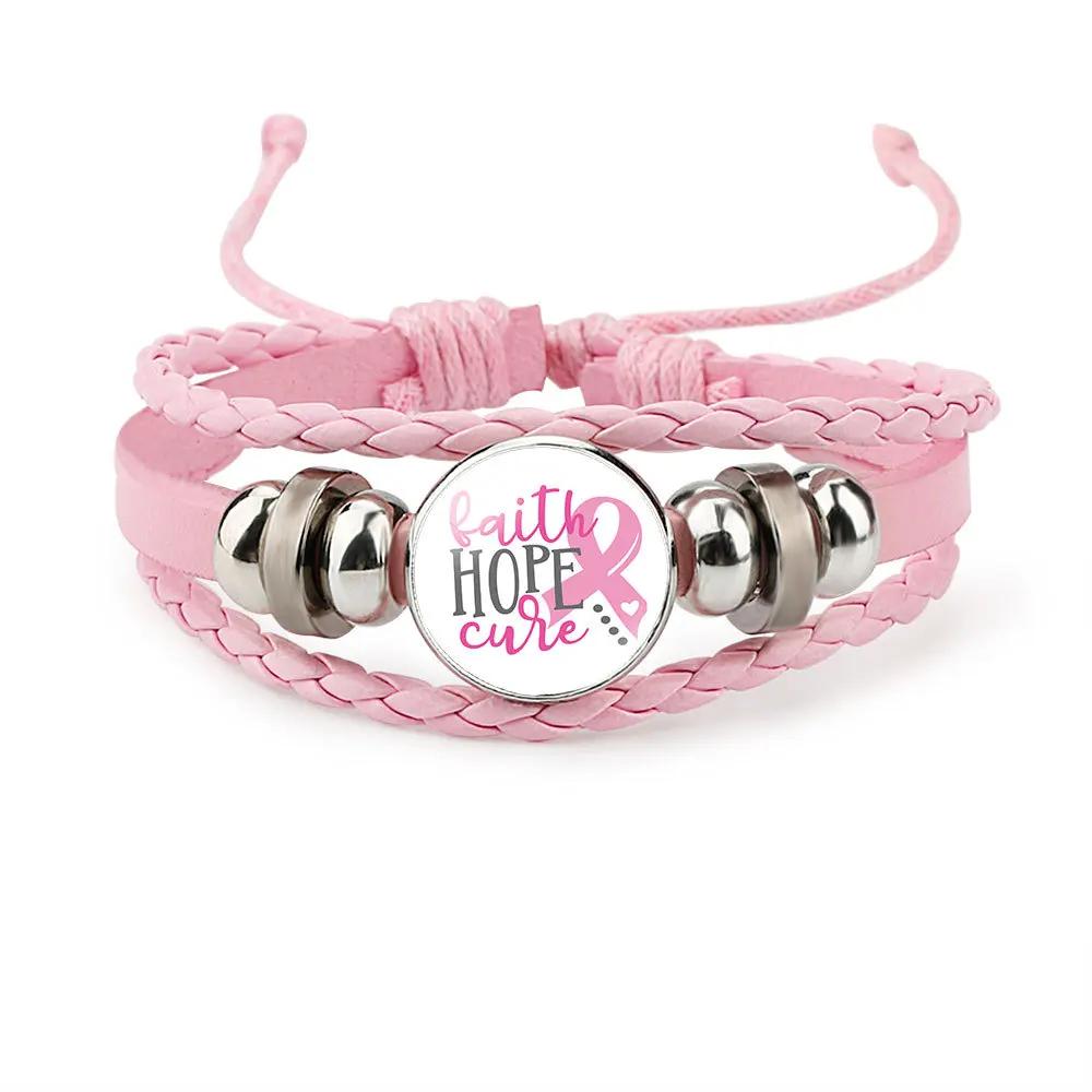 Pink Ribbon Charm Bracelet For Women Braided Leather Rope Bangle Girls Breast Cancer Awareness Hope Jewelry Accessories