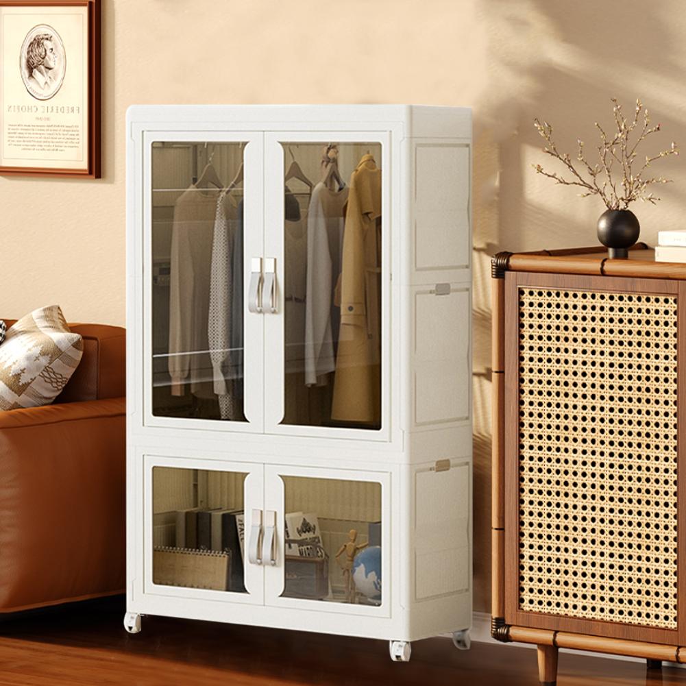 Портативный шкаф Складной гардероб с перекладиной для подвешивания Органайзер для хранения с прозрачной дверцей Пластиковый шкаф для гостиной спальни