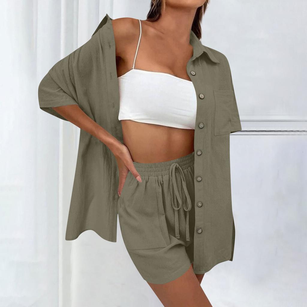 Летняя женская однотонная рубашка с короткими рукавами, топ, повседневные шорты с эластичным галстуком и передним карманом, спортивные повседневные свободные от ветра мягкие комплекты из двух предметов