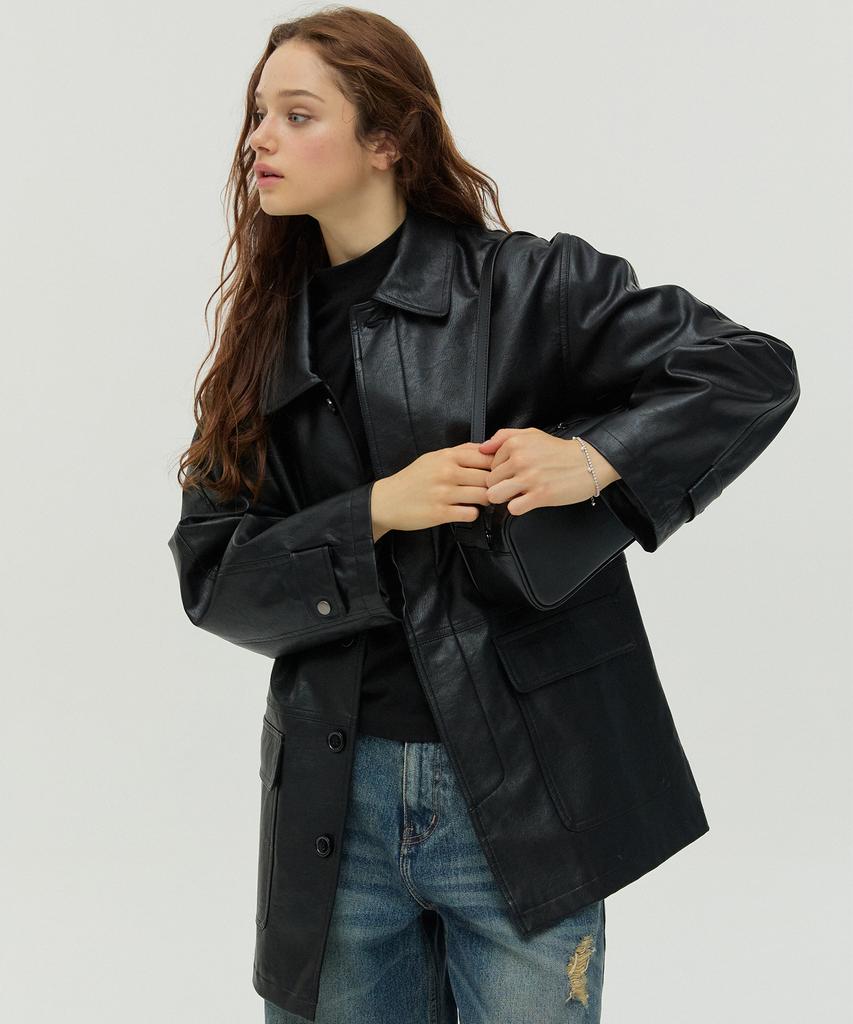 NEW LOOKY Leather Mac Coat_Black