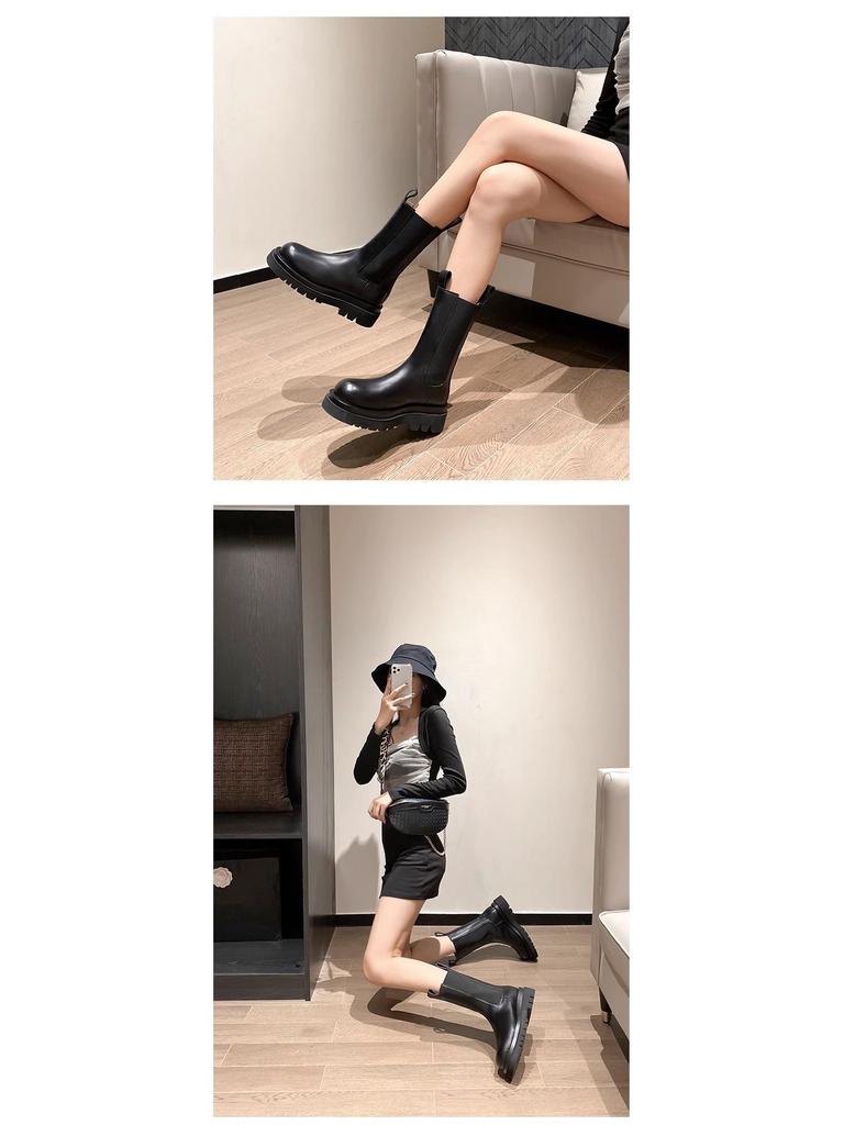 Mona Height-Boosting Women's Mid-Calf Chelsea Boots - British Style, Thick-Soled, Plus Velvet