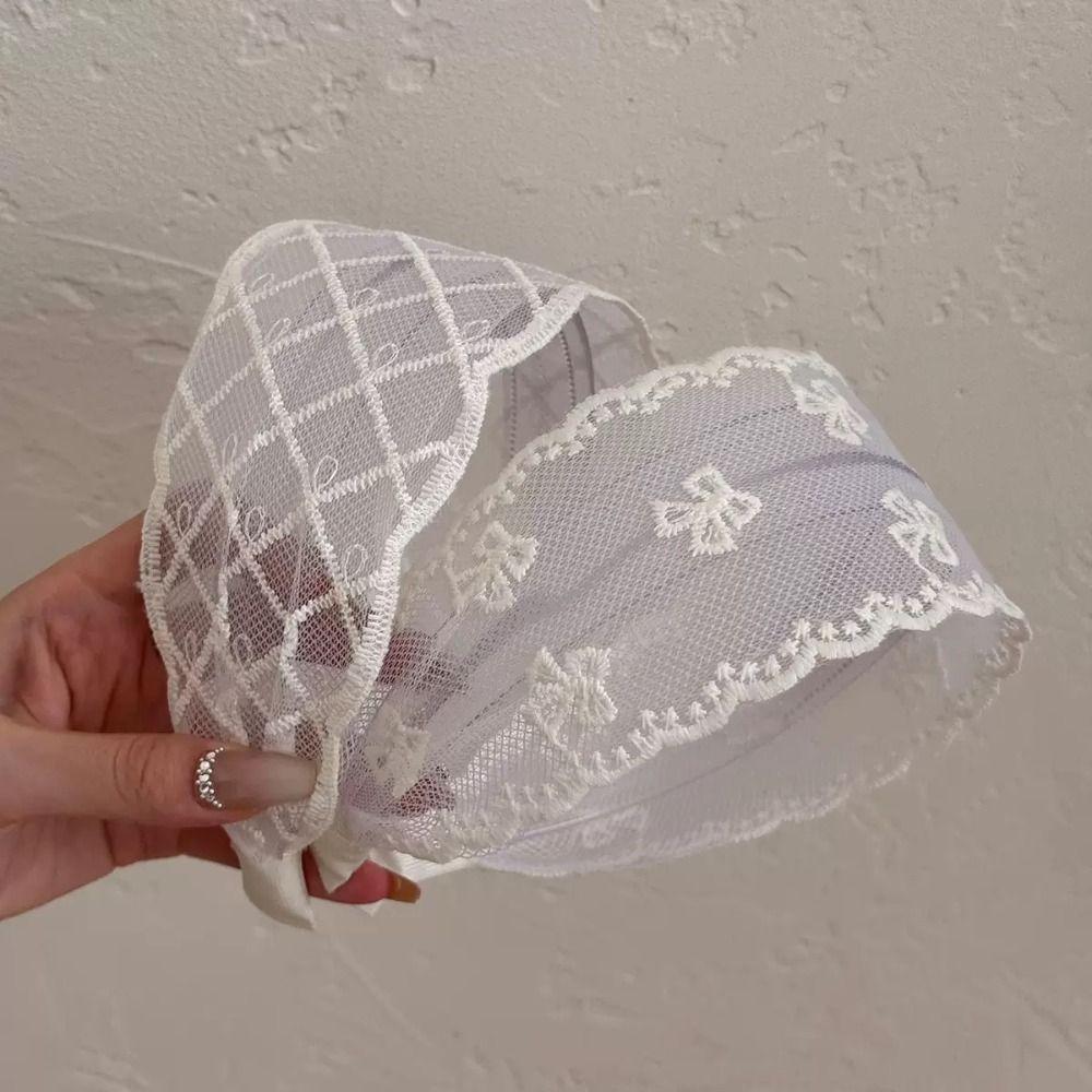 Bowknot Bow Hair Band Wide Edges Mesh Hair Hoop All-match Embroidery Lace Headband Headwear