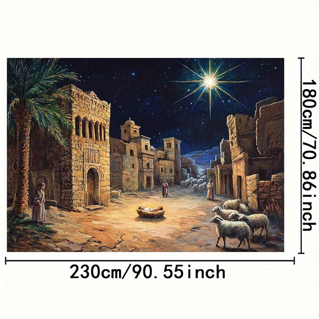 1 Christmas night scene starry sky Shepherd and Livestock stable theme background fabric - Durable polyester, birthday