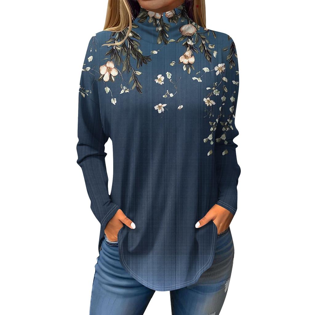 Women's Fashionable Casual High Neck Printed Long Sleeve T-Shirt Pullover Top