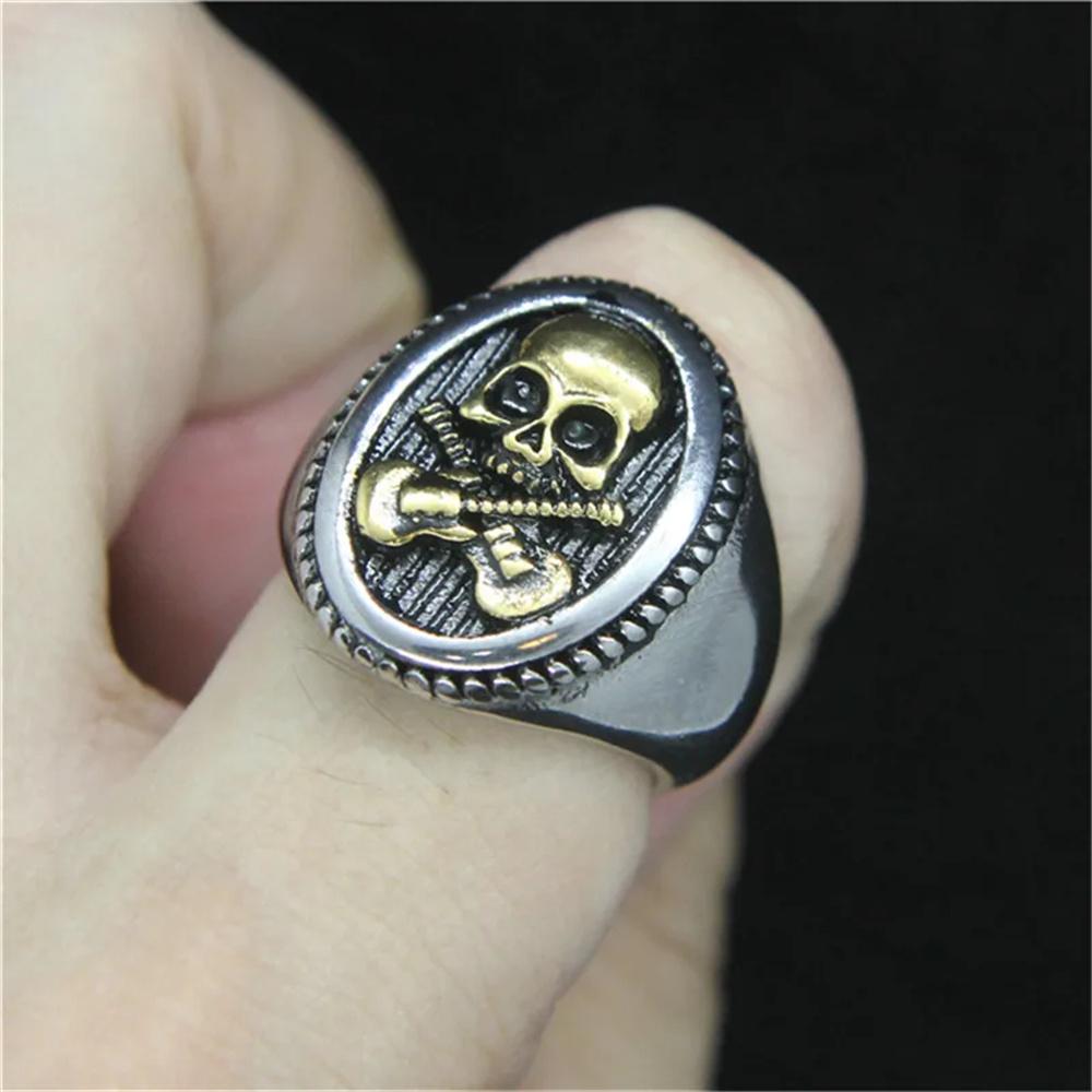 Golden Silver Guitar Skull Solid Ring 316L Stainless Steel Rock Man Punk Ring Size 7-14