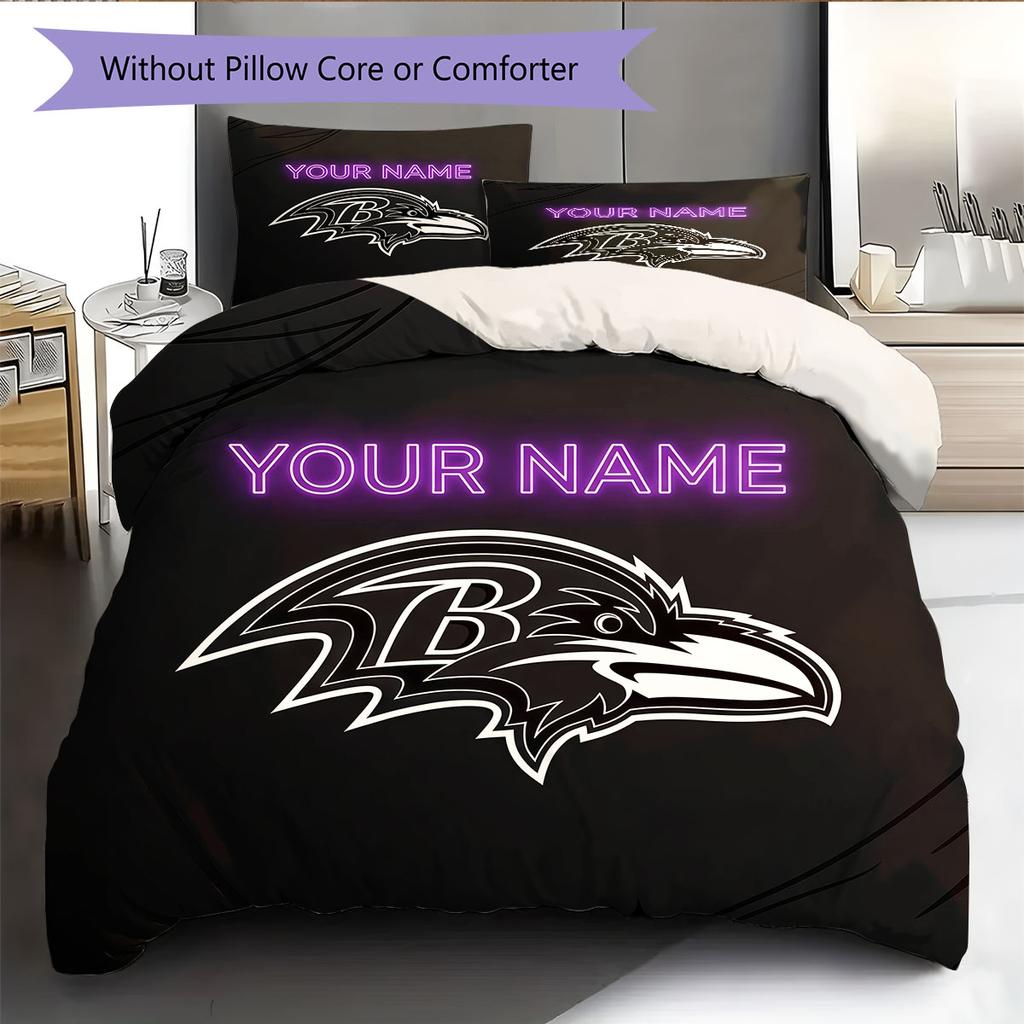 Custom Name,Baltimore Ravens Pattern Bedding Home Decoration Birthday Gift ( 1 duvet cover + 2 pillowcase, without core),fan merchandise.