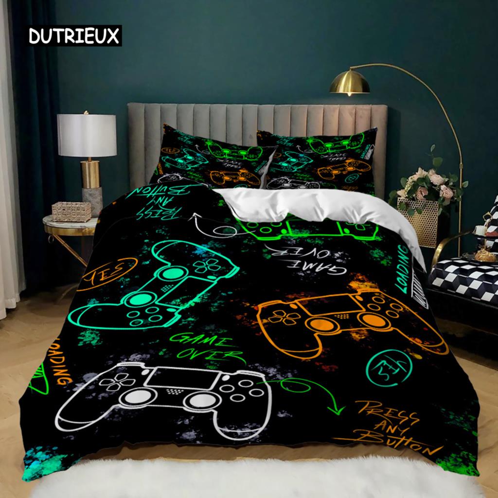 Игровой комплект пододеяльника для ребенка, подростка, Игровой контроллер, Размер King, Чехол на одеяло, Микрофибра, Черный, а также Зеленый, Чехол на одеяло с игровым геймпадом