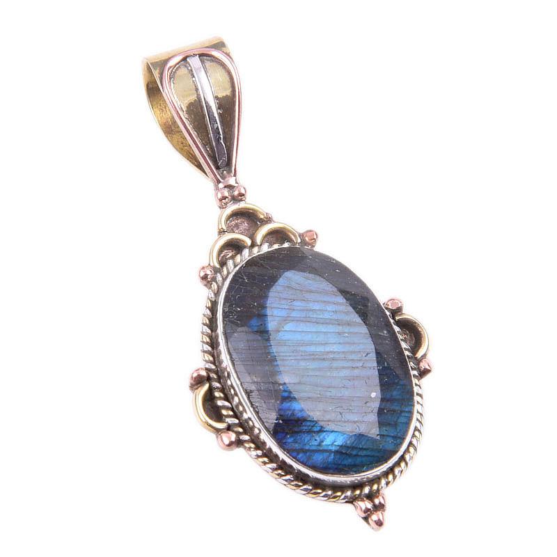 Natural Labradorite 925 Solid Sterling Silver Jewelry TwoTone Pendant 1.50" N6h44